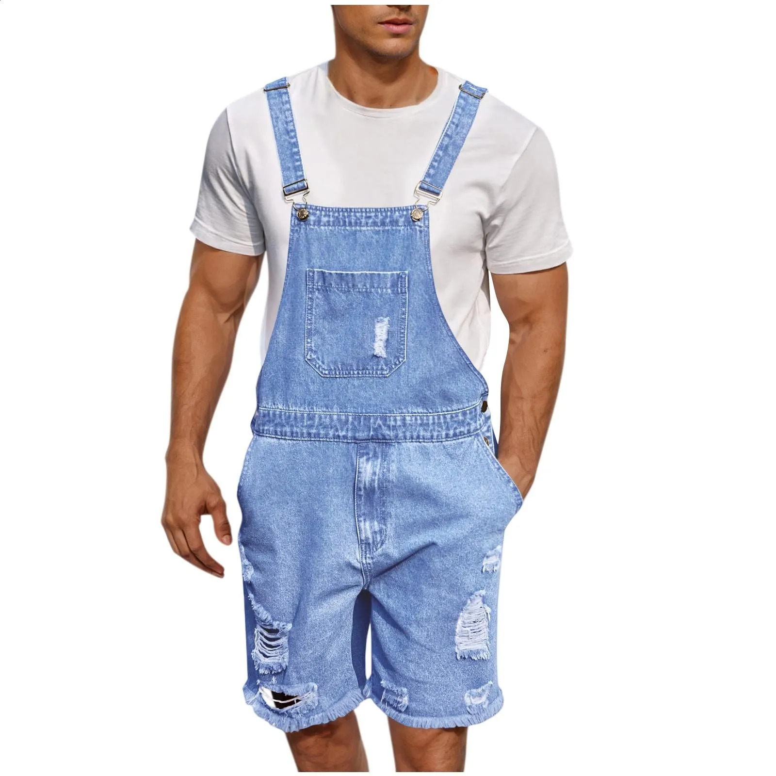 Summer Mens Vintage Jeans Overalls Elastic Denim Jumpsuit With Pockets Men Casual Button Suspenders Short Pants 250729