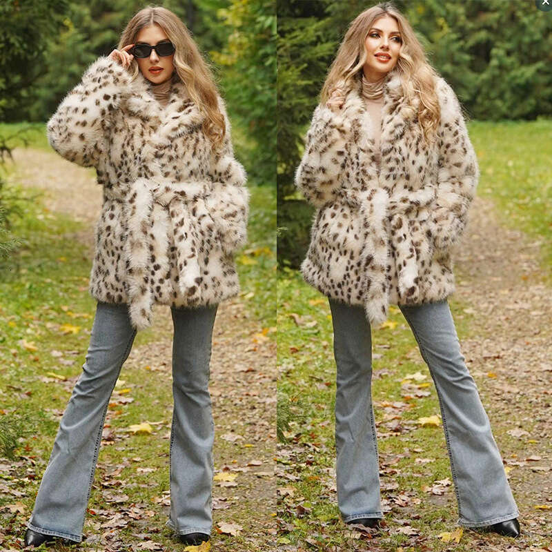 Autumn and winter fashion elegant faux fur leopard print coat suit collar belt women's mid length top