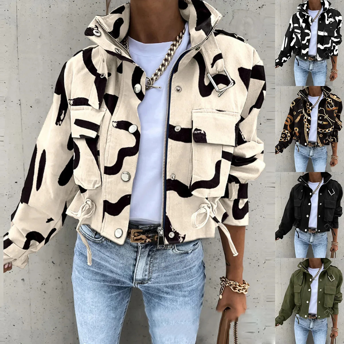 Jackets Women Coats Stand Collar Coat Zipper Print Y2k Tops Streetwear Casual Outerwear Single Breasted Spring Work Jacket 250811