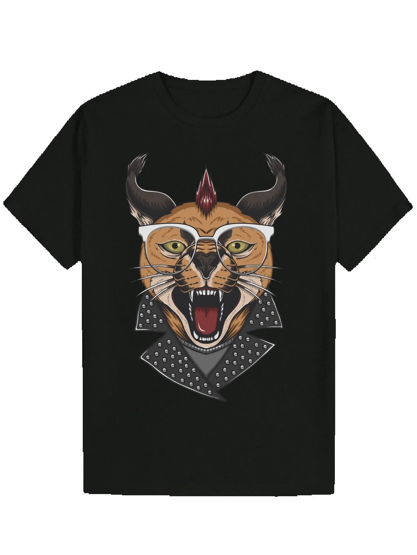 Men's Pattern T-Shirt - Vibrant Tiger Pattern, Paired with Glasses, Round Neck, Short Sleeve, Polyester, Regular Fit, Summer Fashion Casual Wear 