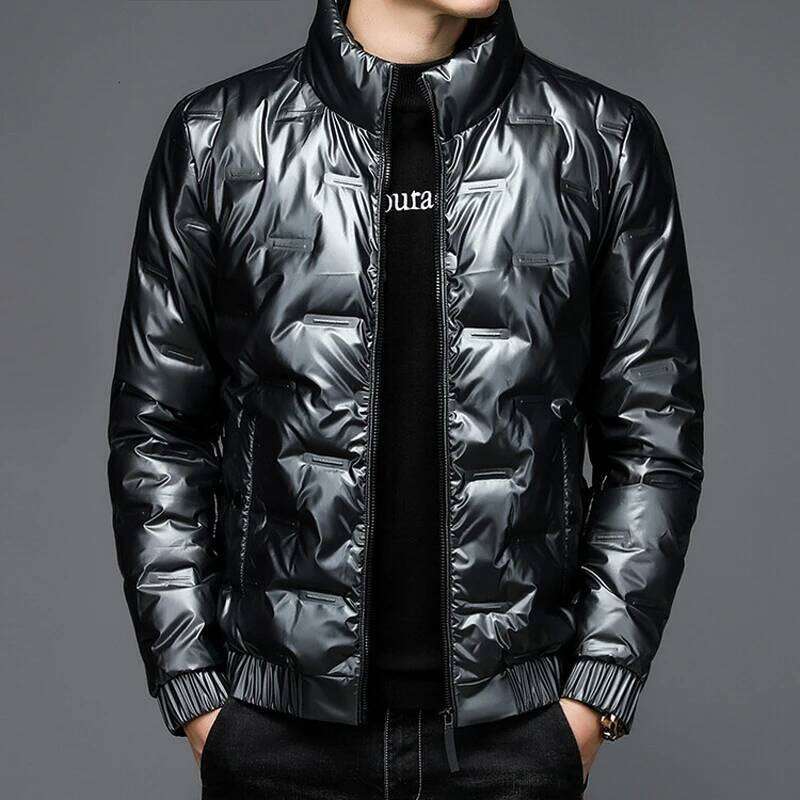 Winter new style Men's bright leather fashionable jacket Casual stand collar short men's white duck down feather