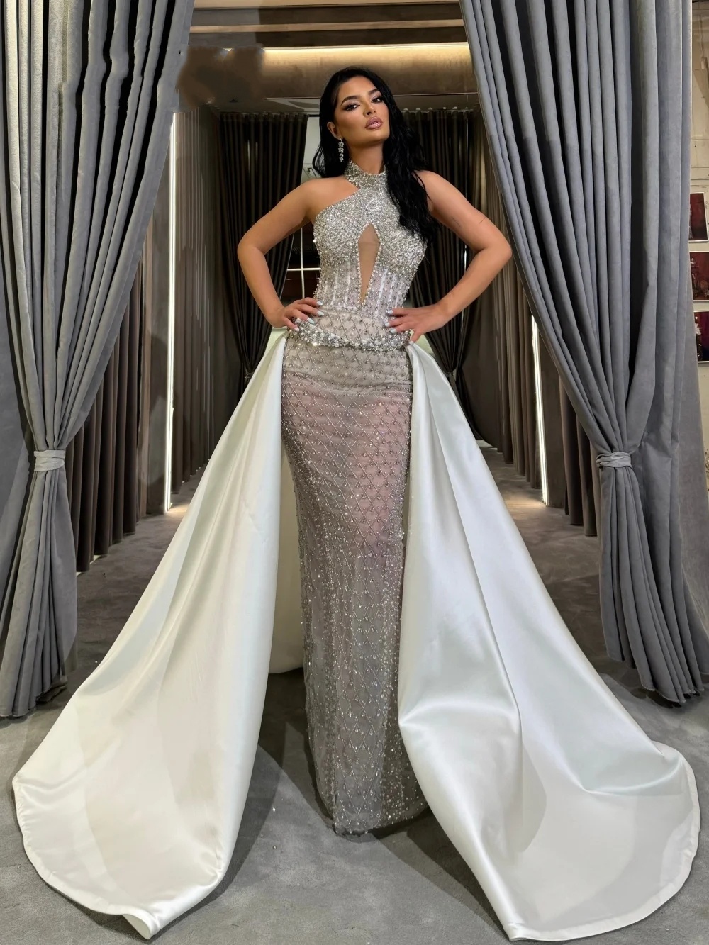 Gorgeous Wedding Dresses High Neck Bridal Gowns Overskirts Pearls Rhinestone Sleeveless See Through Mermaid Customized Vestidos De Novia Plus Size