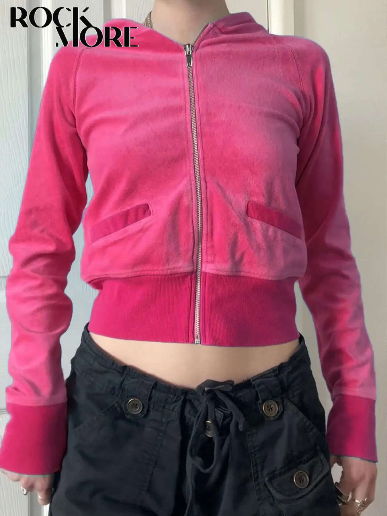 Rockmore Y2k Zip Up Cropped Hoodie Solid Velvet Goth Jacket Aesthetic Vintage Slim Autumn Coats Retro 2000s Long Sleeve Top Chic 250809
