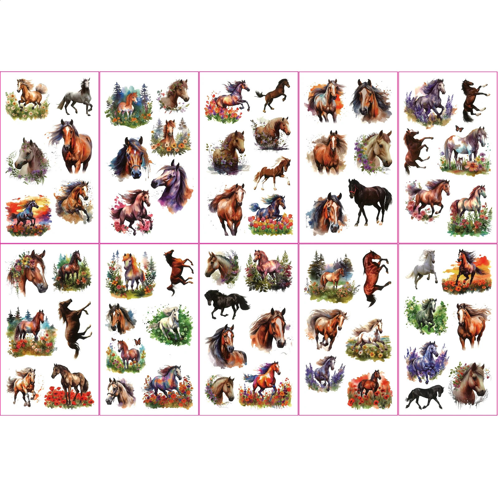 10 Sheets Temporary Horse Tattoos Stickers Birthday Themed Party Supplies Decorated with Tattoo 250809