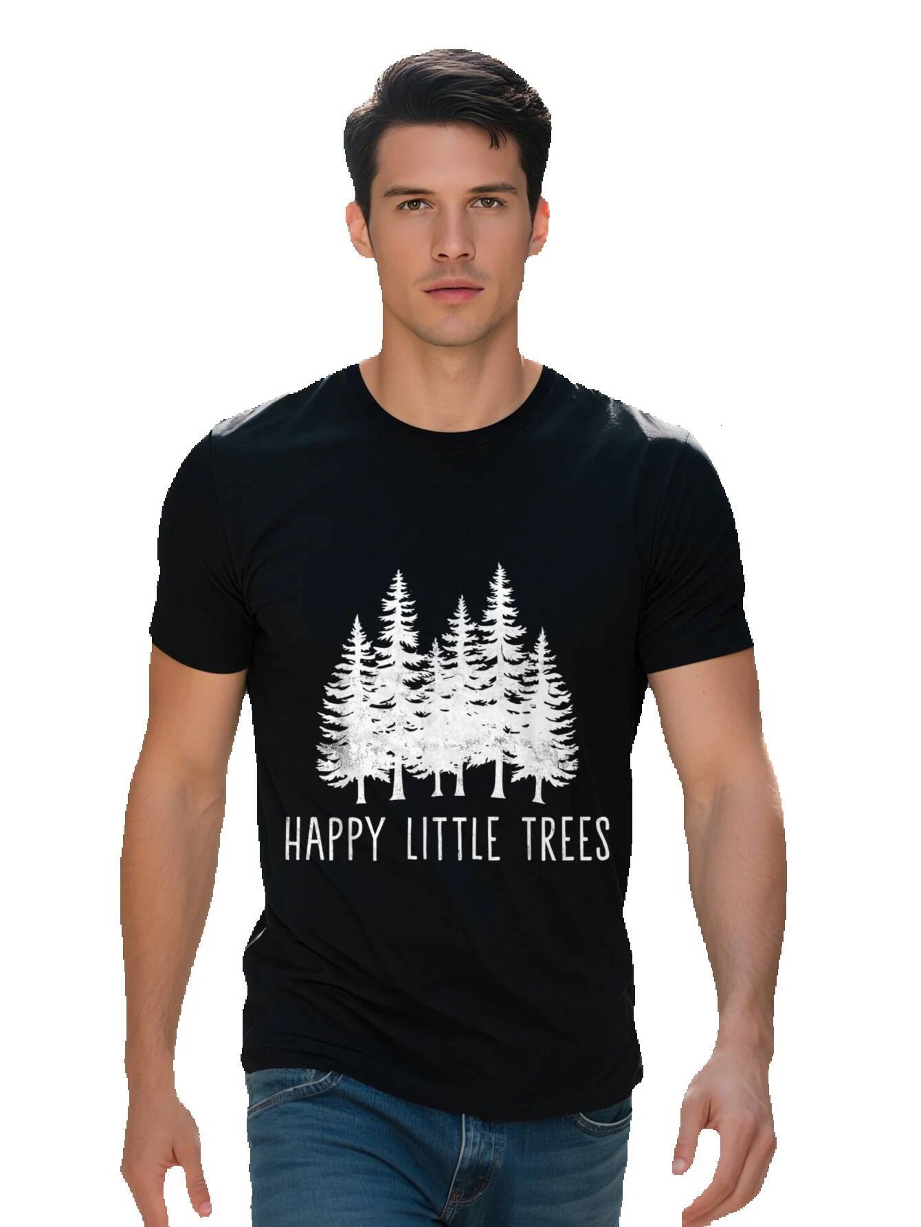 Happy Little Trees Graphic T-Shirt Men Women Cotton Breathable Short Sleeve Tee with Adorable Forest Round Neck 31f1d 26e20