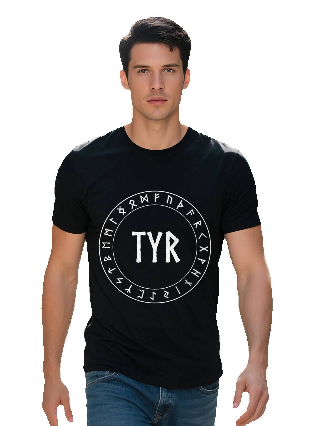 Men s Cotton T Shirt Tyr Norse God Rune Design Short Sleeve Crew Neck Casual Fit, washable, black with e6bbf 0649e