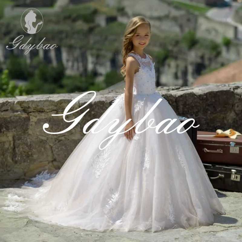 Elegant Flower Girl Dresses Lace Applique Half Sleeve Tulle O-Neck Girls First Communion Dress for Ceremony Birthday Party Dress W250811