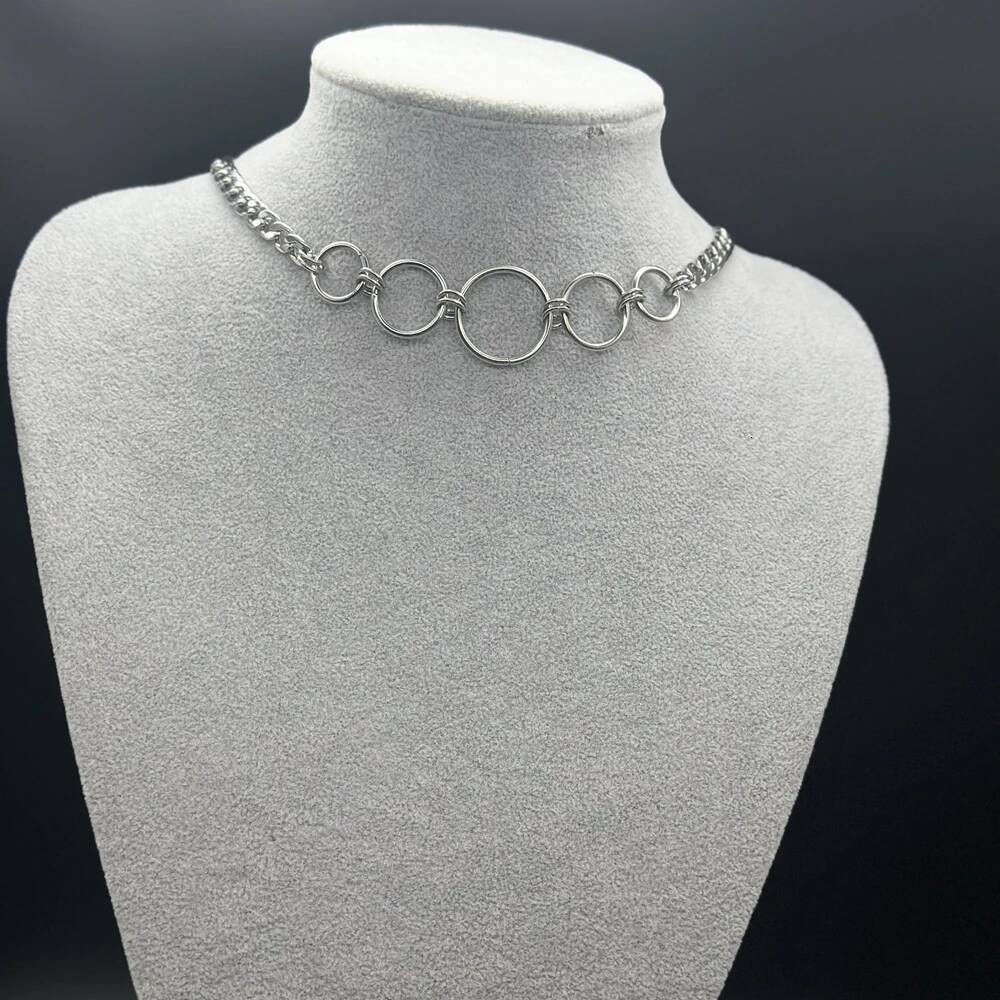 Goth Stainless Steel Curb Chain Circle Choker Necklace for Women Grunge Alternative Collar Adjustable Length