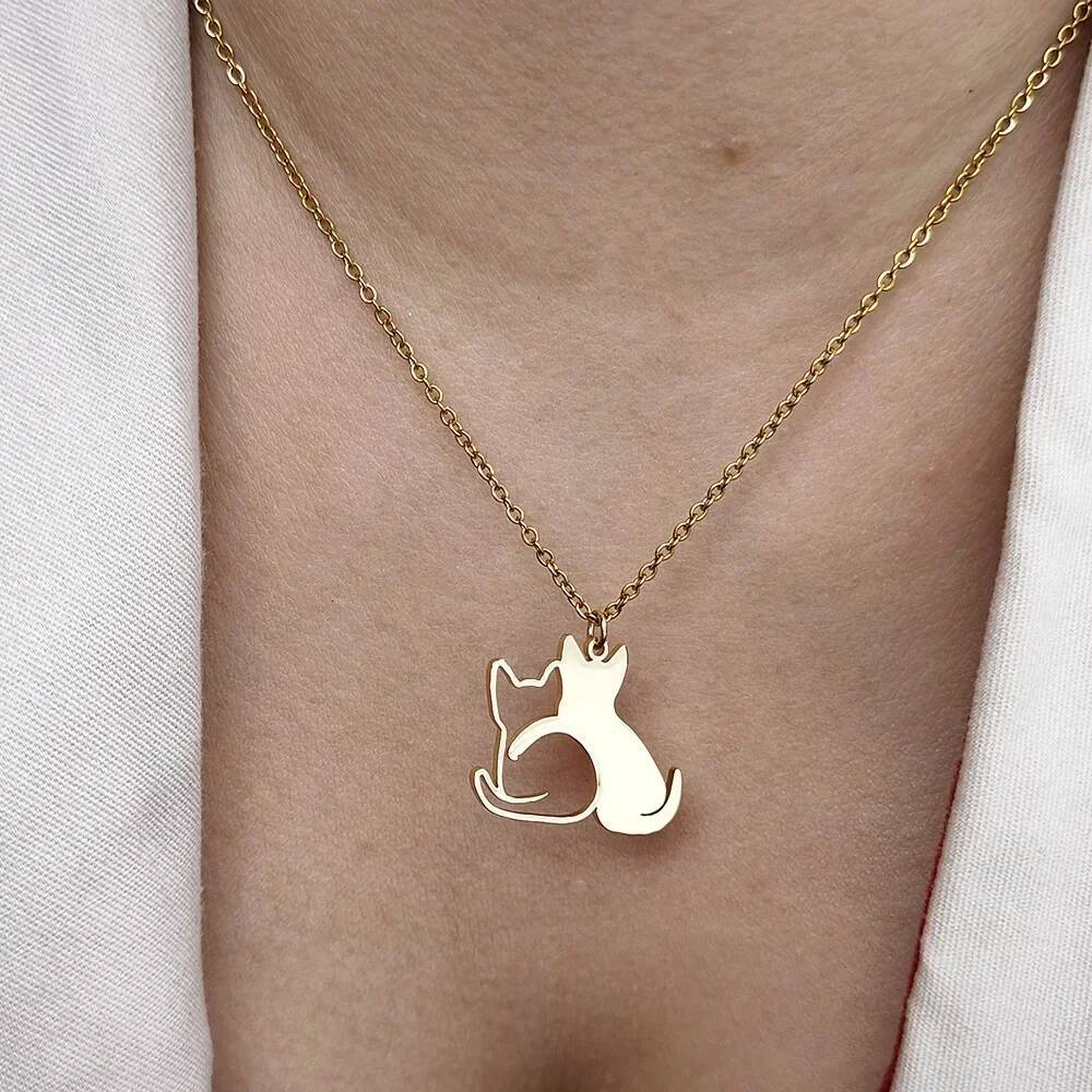 Double Cat Pattern Pendant Necklaces for Women Cute Couple Gold Choker Fine Animal Stainless Steel Jewelry Valentine's Day Gifts