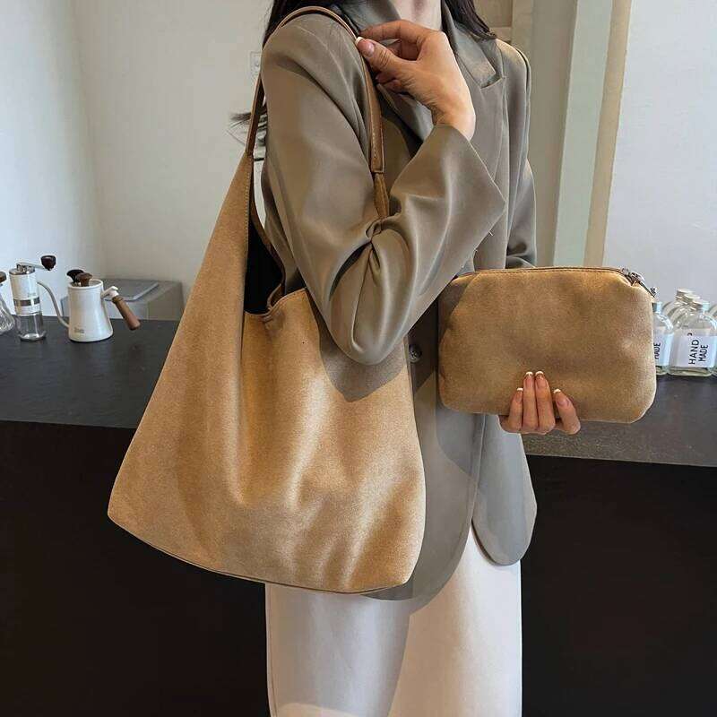 MOODS Casual Shoulder Bag Set For Women 2-IN-1 Suede Pure Color Large Capacity Shopper Tote 2024 Winter New Handbags Female