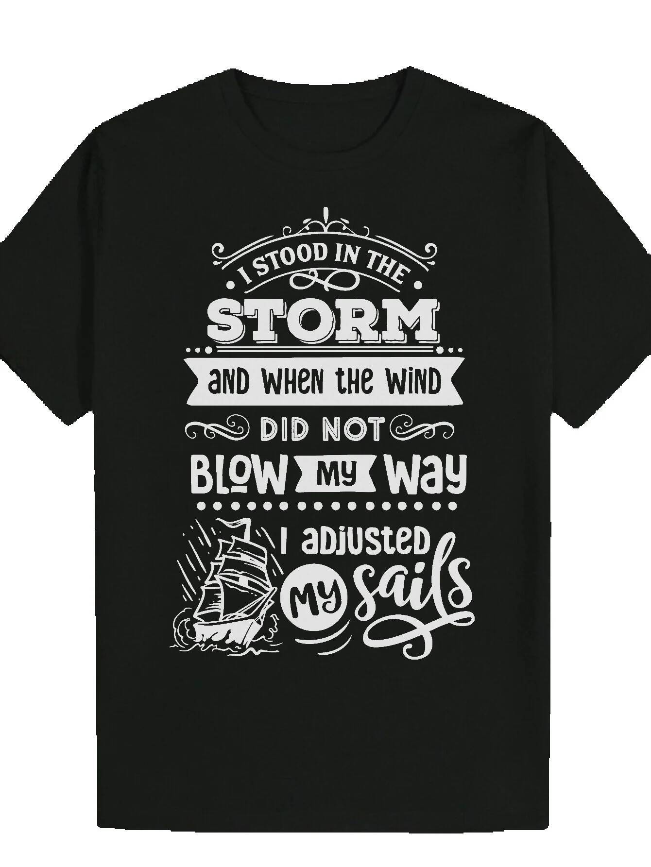 Men's Summer Short Sleeve - Black Nautical Slogan Pattern T-Shirt with Inspirational Quote 'I Stand in the Storm', Regular Crew Neck, M