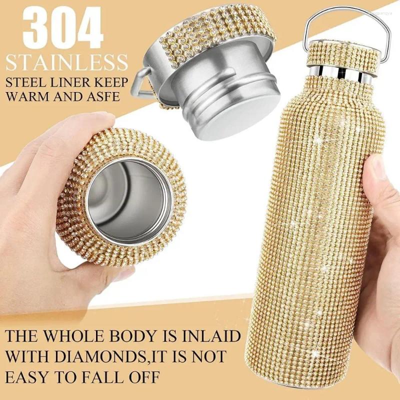 Water Bottles Thermal Rhinestone Bottle Stainless Steel Chain Bling Cups Removable Carrying Strap Refillable Glitter Tumbler Travel