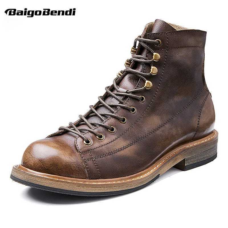 Retro Big Round Toe Mens Work Boots British Style Cool Leather Lace Up Mens Autumn Winter Casual Shoes W250811