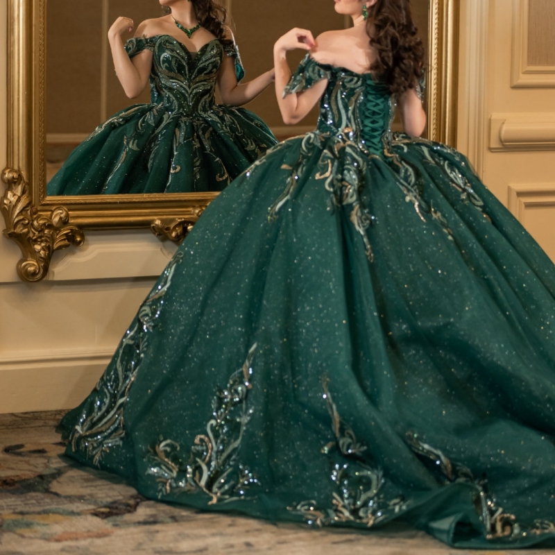Blackish Green Shiny Quinceanera Dresses Off The Shoulder Sequin Applique Lace Beading Crystal Tull Party Birthday Ball Gown Vestidos De 15 Anos Sweet