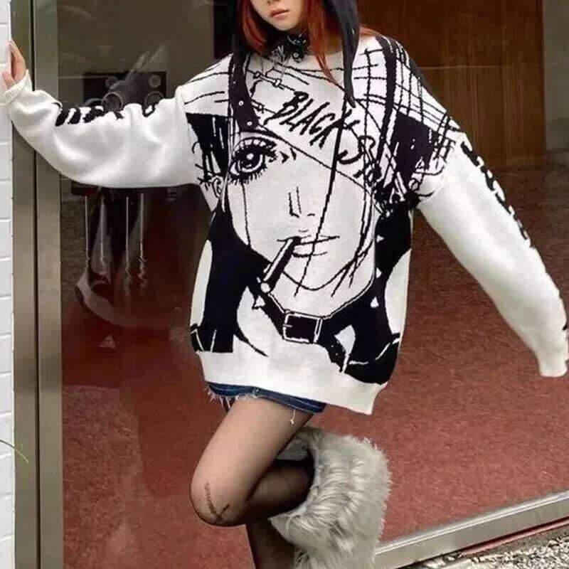 Y2k Autumn/winter Sweater Cartoon Anime Knit Long Sleeve Round Neck Pullover Loose-fit Fashionable Trendy Top For Men Women
