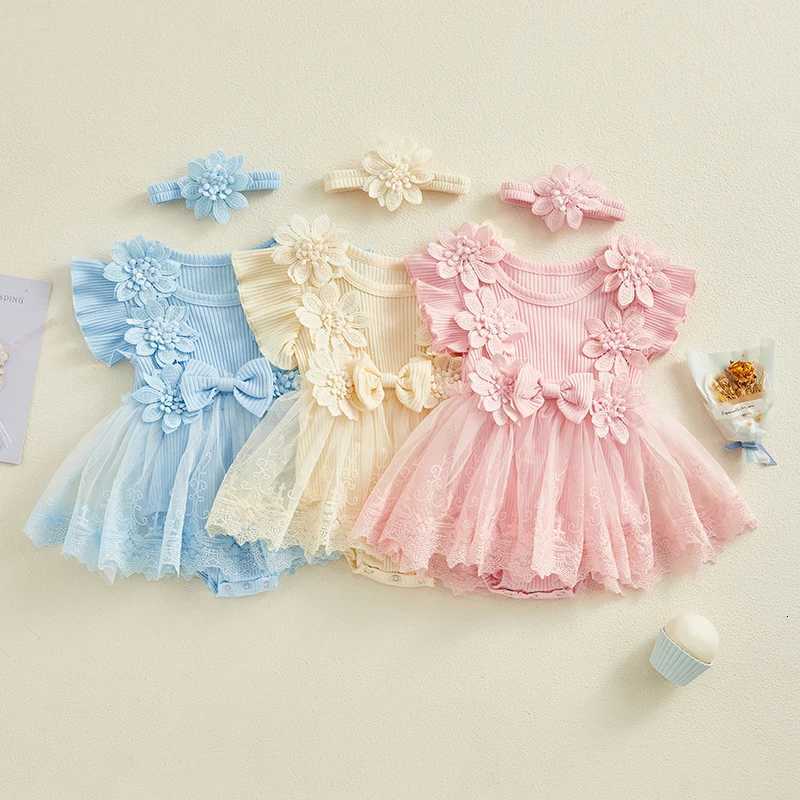 Infant Baby Girl Lace Romper Baby Tulle Dress Romper Flowers Bodysuit Spring Summer Festival Clothing with Headband W250811