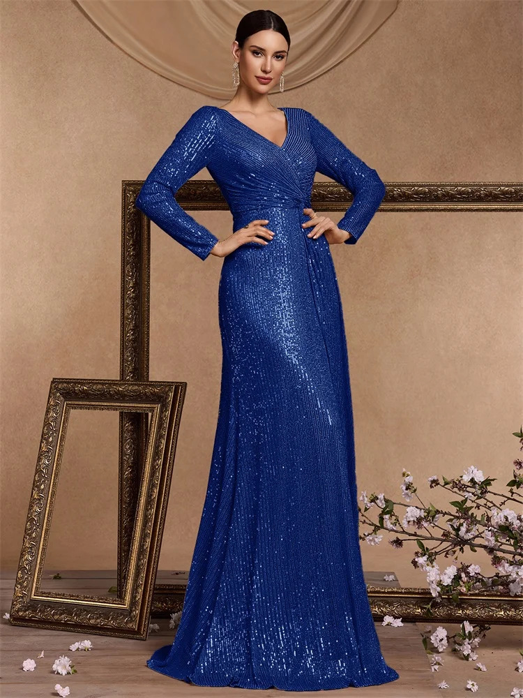 y Royal Blue Sequins Formal Evening Dresses elegant Long Sleeve Mermaid Prom Wedding Party Cocktail Graduation Gowns 250811