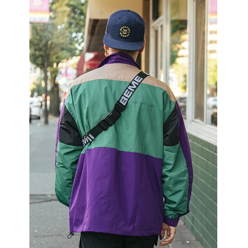 Hip Hop Streetwear Jacket WindBreaker Retro Color Block Patchwork Track Coat Men Harajuku Cotton Loose 250811