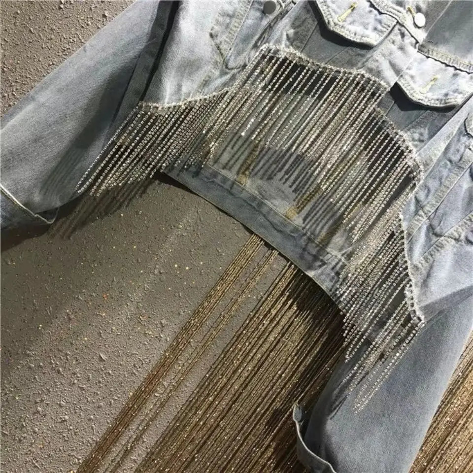 Fashion Heavy Industry Rhinestone Tassel Denim Jacket Spring Autumn Women Outwear Jeana Jacket Short Tops Harajuku Streetwear 250804