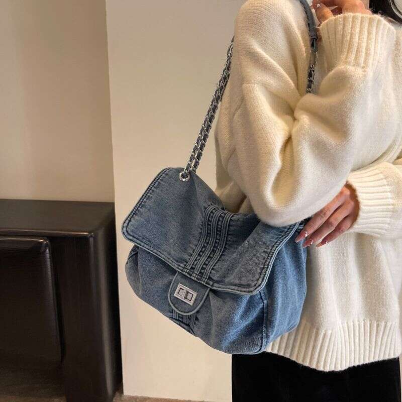 Women's Bags Retro Casual Denim Tote Women Autumn New Large Capacity Chain High End Shoulder Messenger Bag