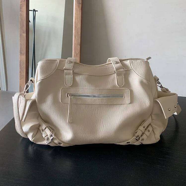 Deinet Korean Niche Large Capacity Drawstring Motorcycle Tote for Women Rivet Handbag Single Shoulder Crossbody Bag