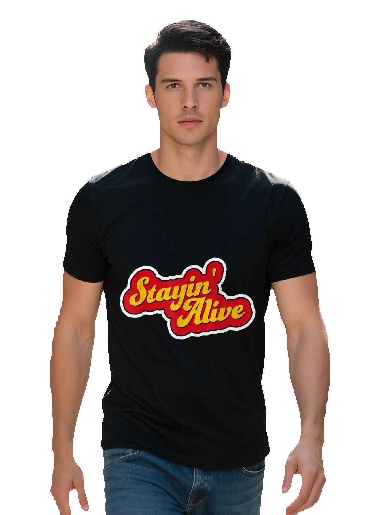 Men Stayin Alive Vintage s Disco Graphic T Shirt Cotton Black with Red Yellow Retro Print Crew Neck 9c4fc d5807