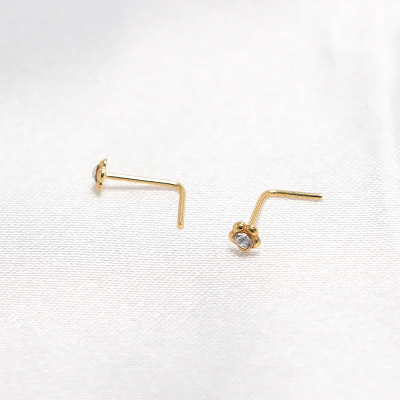 10pcs/lot Nose Studs L Shaped Clear Crystal 925 Sterling Silver Nose Piercing Stud Flower Nostril Jewelry color Gold 250807