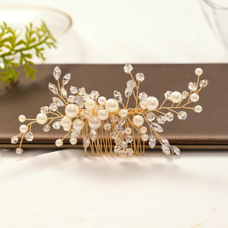 Trendy Gold Pearl Crystal Tiara Wedding Hair Combs Accessories for Bridal Headpiece Women Jewelry 250804