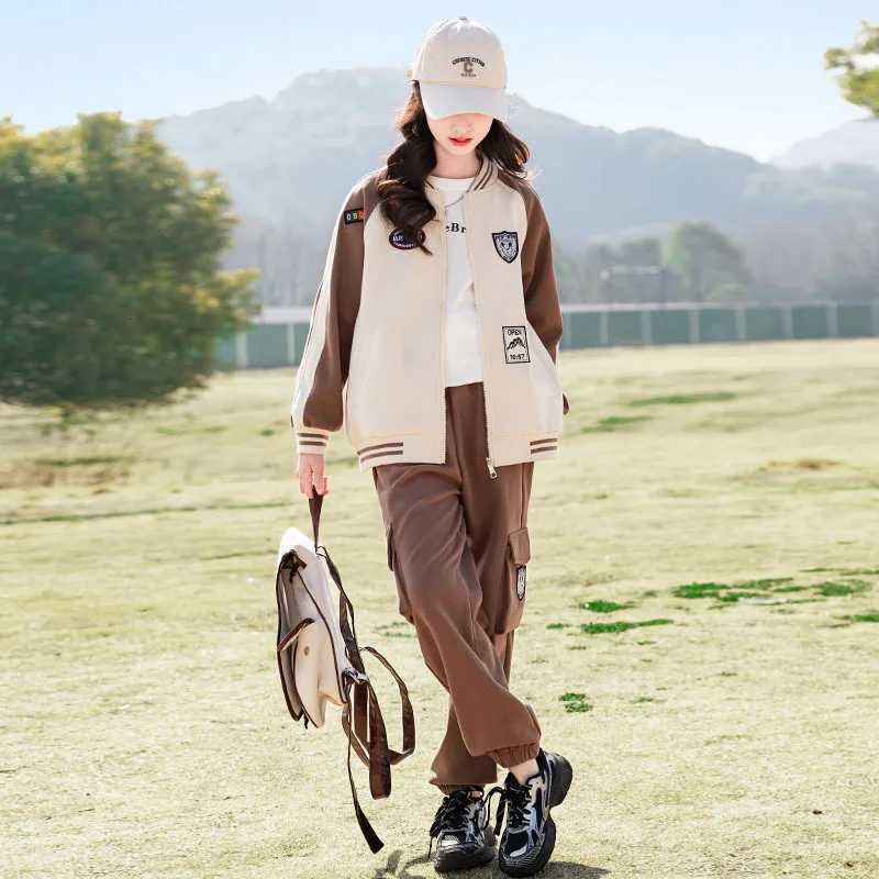 Spring and Autumn Leisure Childrens Sets Girls Solid Color Patchwork Sports Casual Zipper Jacket Cargo Pants Two Piece Set Z250811