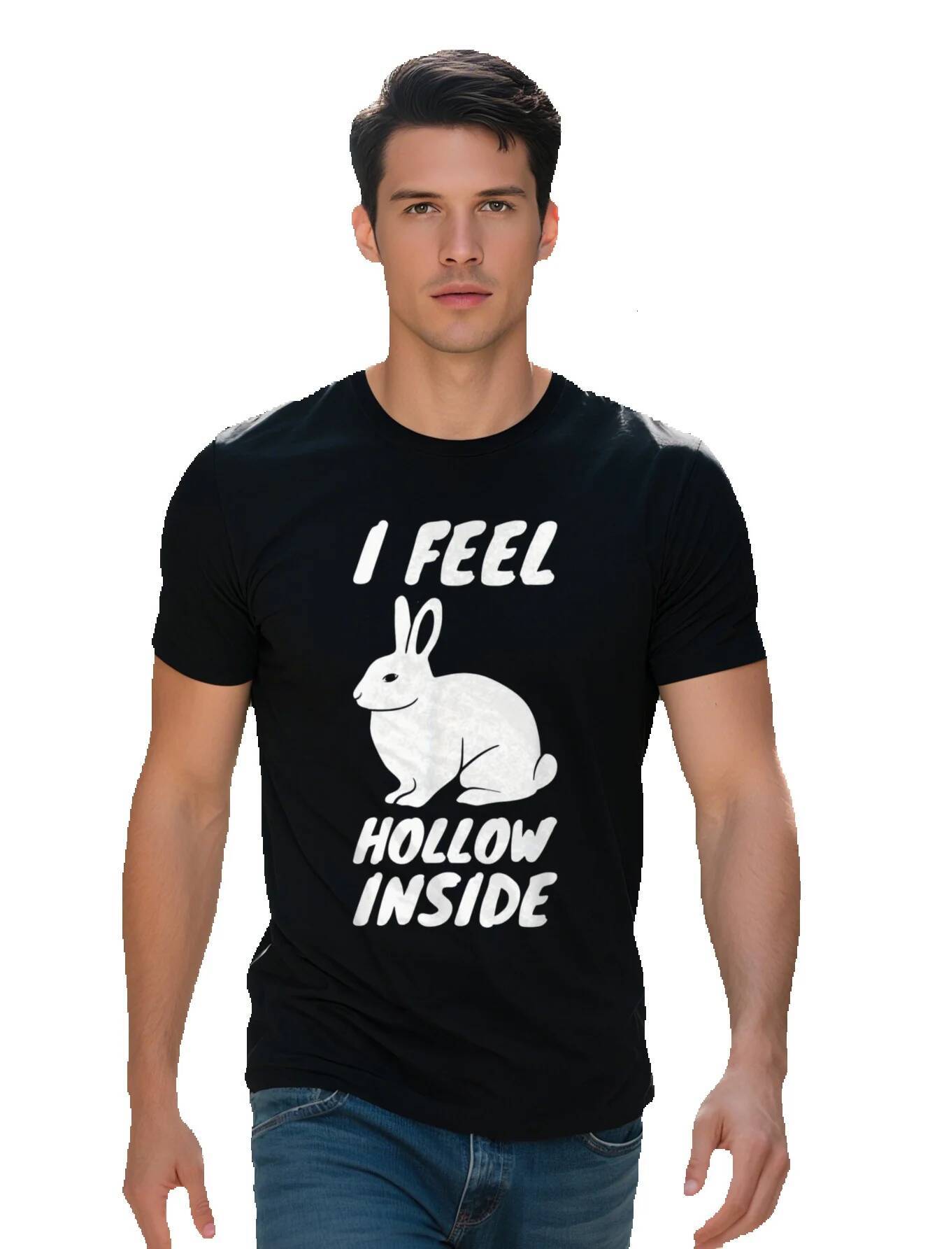 Men s Cotton T Shirt I Feel Hollow Inside Funny Easter Bunny Graphic Black with White Text Rabbit Illustration 17e9e 2fbe1
