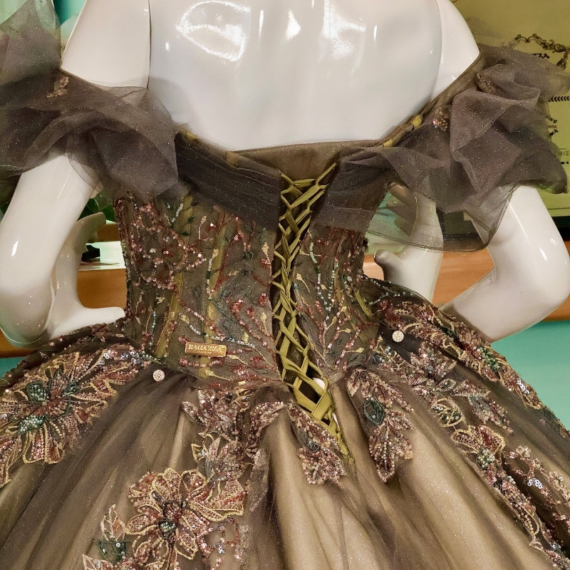 Olive green Shiny Quinceanera Dresses Off The Shoulder Applique Lace Beads Tull Party Birthday Ball Gown Vestidos De 15 Anos Sweet 16 Dress