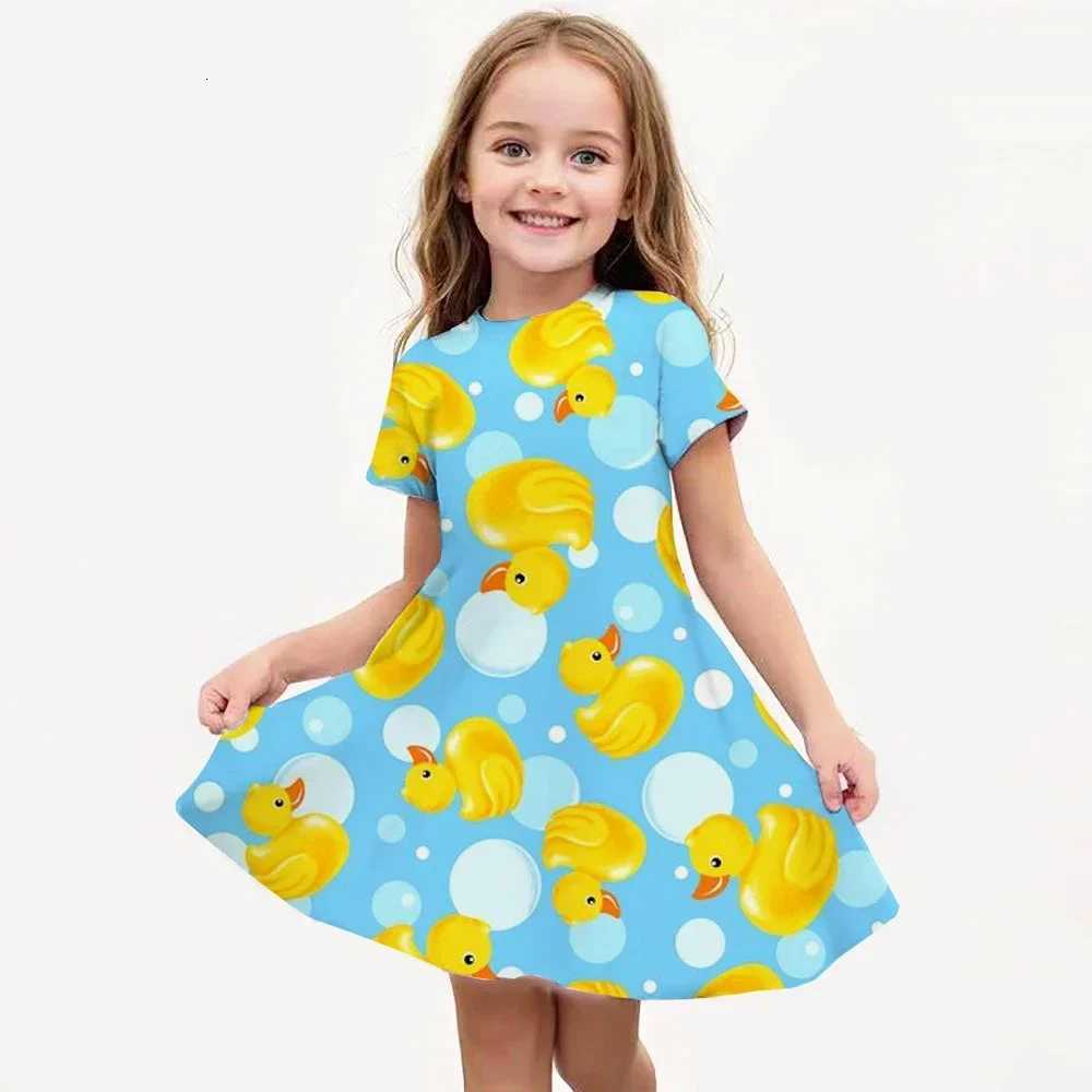 MINISO Summer Girls Cartoon Yellow Duck Dress Fashion Dress Kids Daily Casual Stylish Short Sleeve Clothing Cute Streetwear W250811
