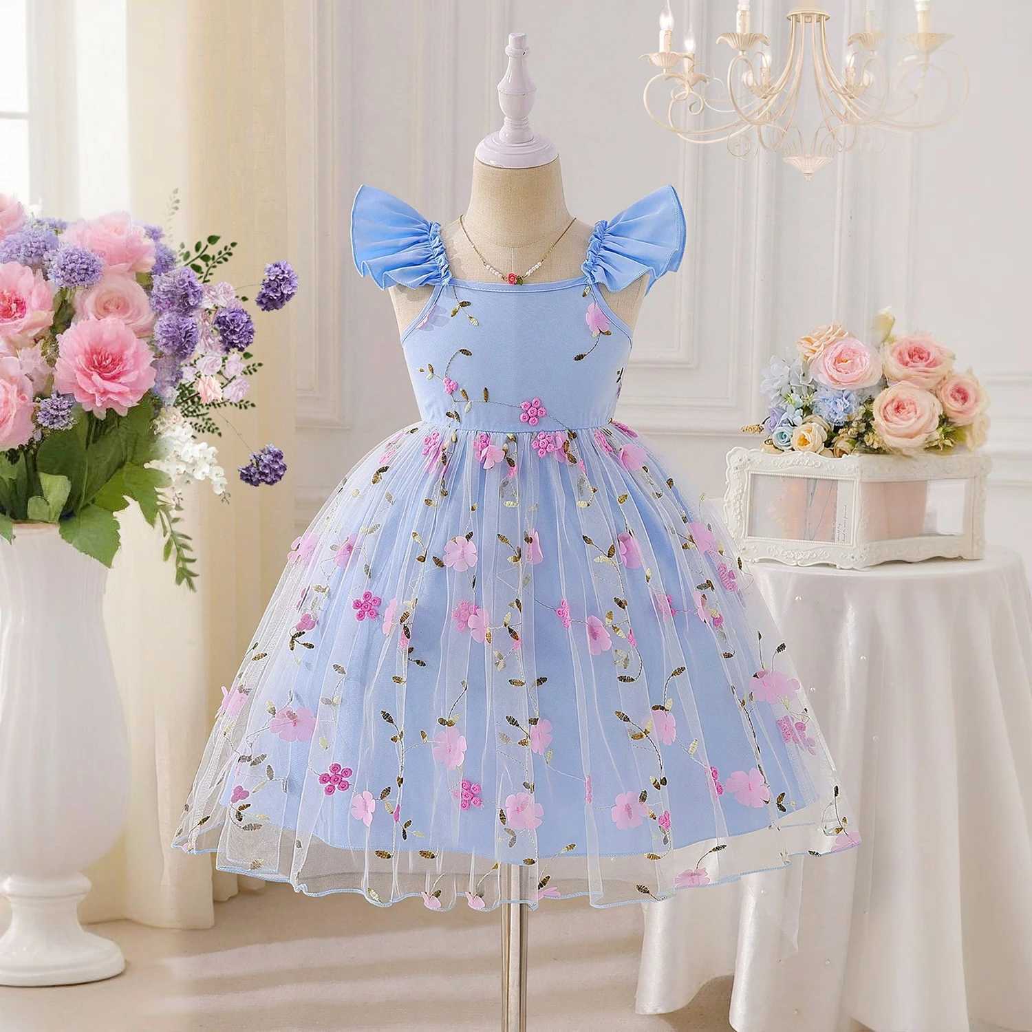 Baby Girls Summer Dresses for 3-8 Years Casual Embroidery Lace Mesh Princess Fairy Dress Kids Birthday Party Easter Dress for Girl W250811