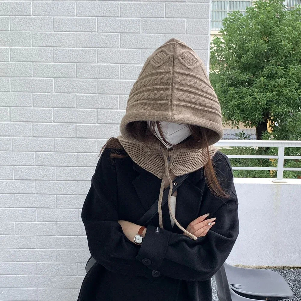 Knitted Balaclava Hat Winter Warm Thicken Cashmere Scarf Set Shawl Split Finger Gloves Wool Pullover Hat Accessories 250808