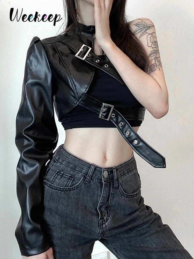 Weekeep Gothic Black PU Leather Jacket Women One Shoulder Halter Buckle Hip Hop Outfits Fashion Streetwear Cropped Jackets Solid 250811