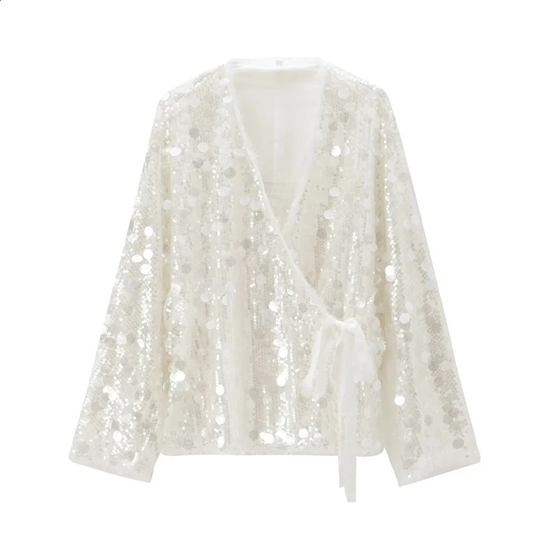 YENKYE Autumn Women Sequin Kimono Jacket Coat Long Sleeve V Neck Female Casual Loose Outerwear Chic Lady Wrap Outfits 250805