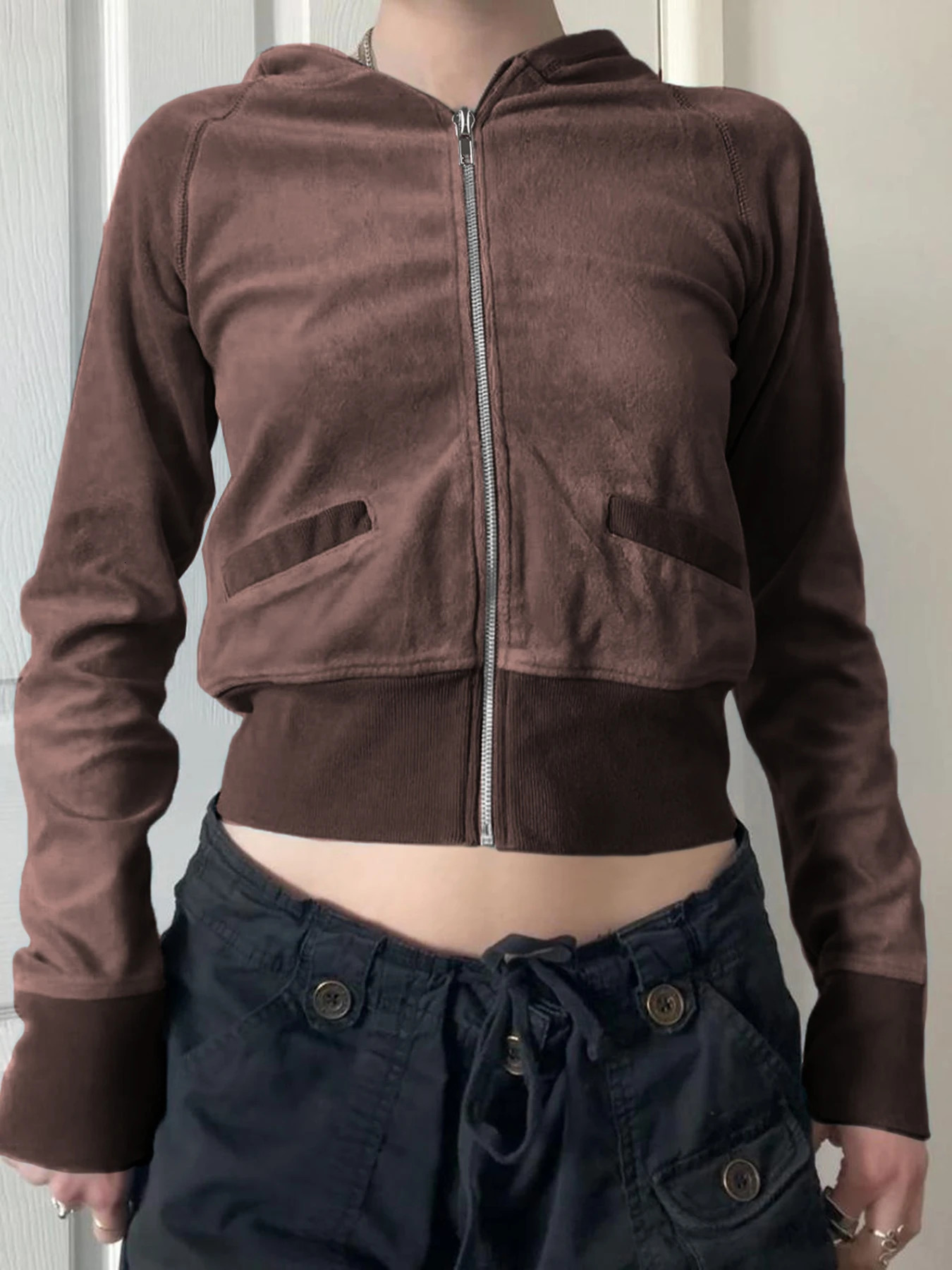 Rockmore Y2k Zip Up Cropped Hoodie Solid Velvet Goth Jacket Aesthetic Vintage Slim Autumn Coats Retro 2000s Long Sleeve Top Chic 250809