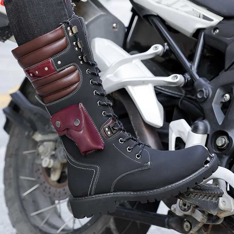 Fashion Punk Motorcycle Boots Men Boots Winter High Heel Casual Lace-up Leather High Black Biker Solid Boot Military Men Shoes W250811