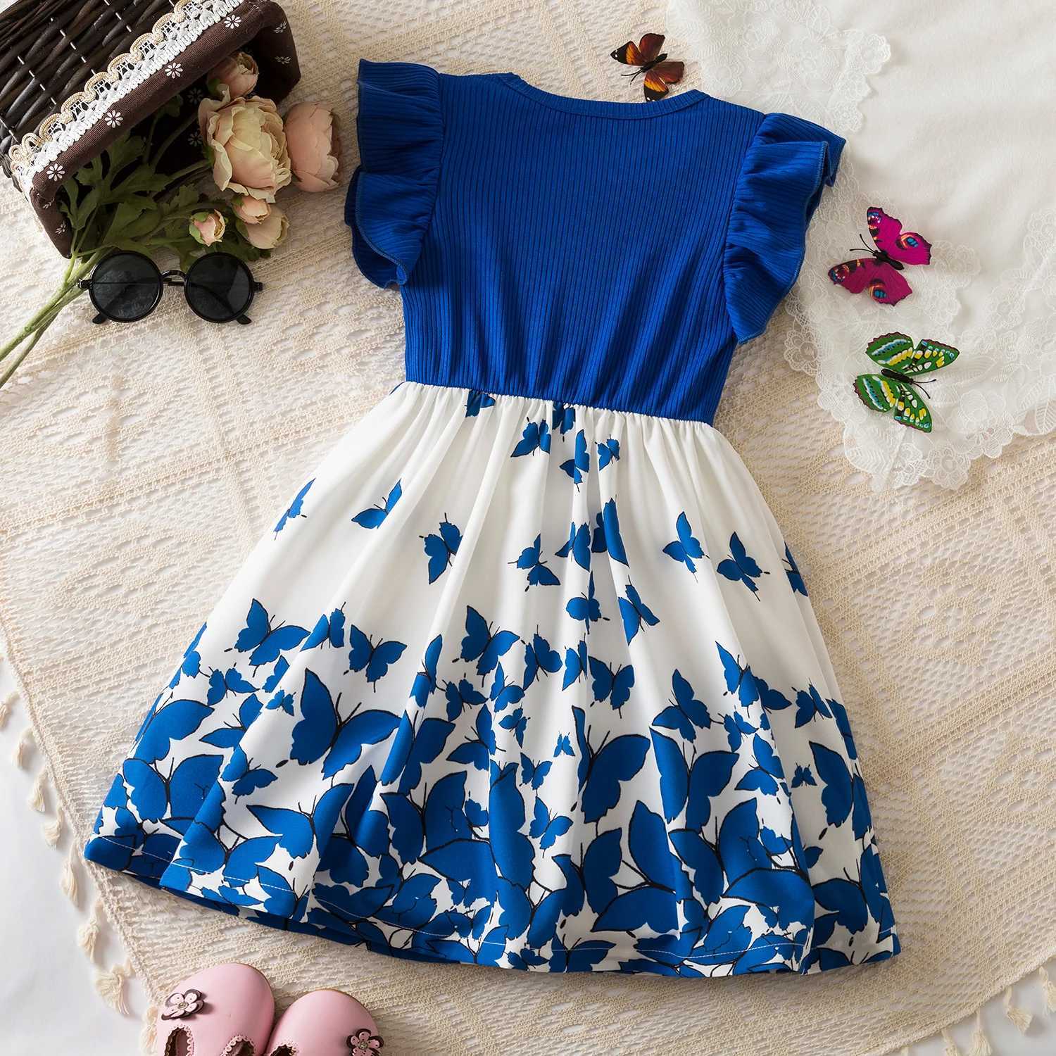 Butterfly Dress for Girls Summer Clothes Rose Flower Printing Kids Casual Ruffles Dress 2 to 8 Yrs Little Girls Dresses W250811