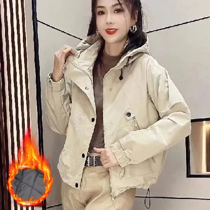 Female Jacket Spring Autumn Style Hooded Trench Coat Zipper Korean Fan Loose Tooling Windbreaker Outerwear Womens Tops 250809