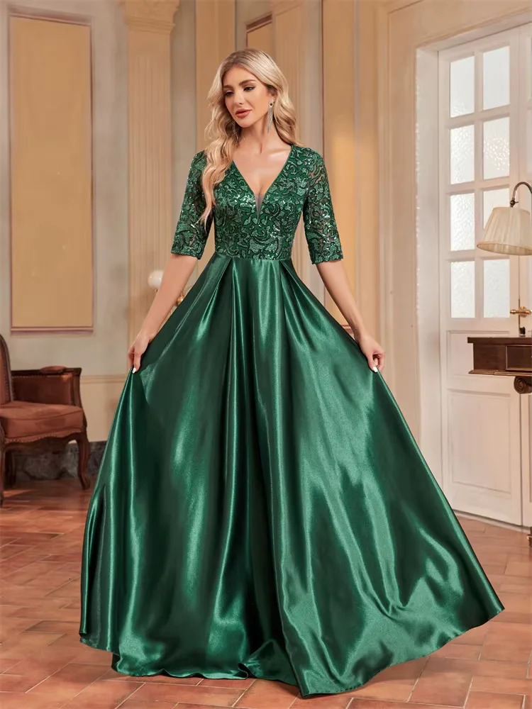 y Short Sleeve Green Satin VNeck Evening Dress Women Sequin elegant Party Prom Floor Lenght Cocktail Graduation Gowns 250811