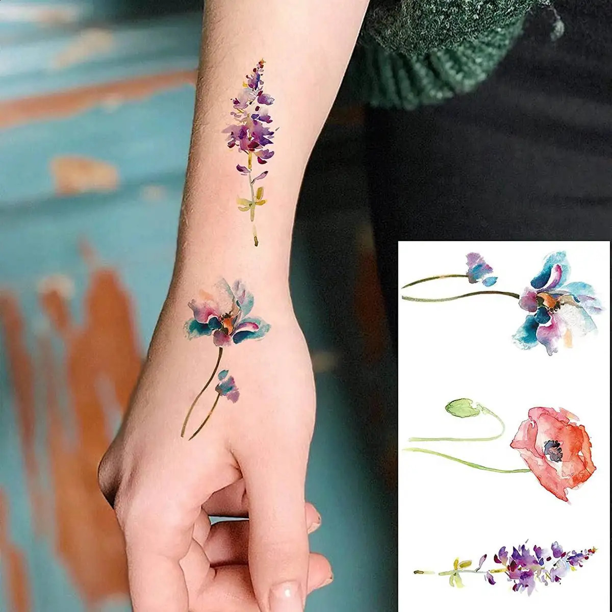 COKTAK 12Pieces Watercolor Lavender Flower Temporary Tattoos For Women Body Art Arm Flora Adults Tattoo Sticker Girls Tatoo 250809