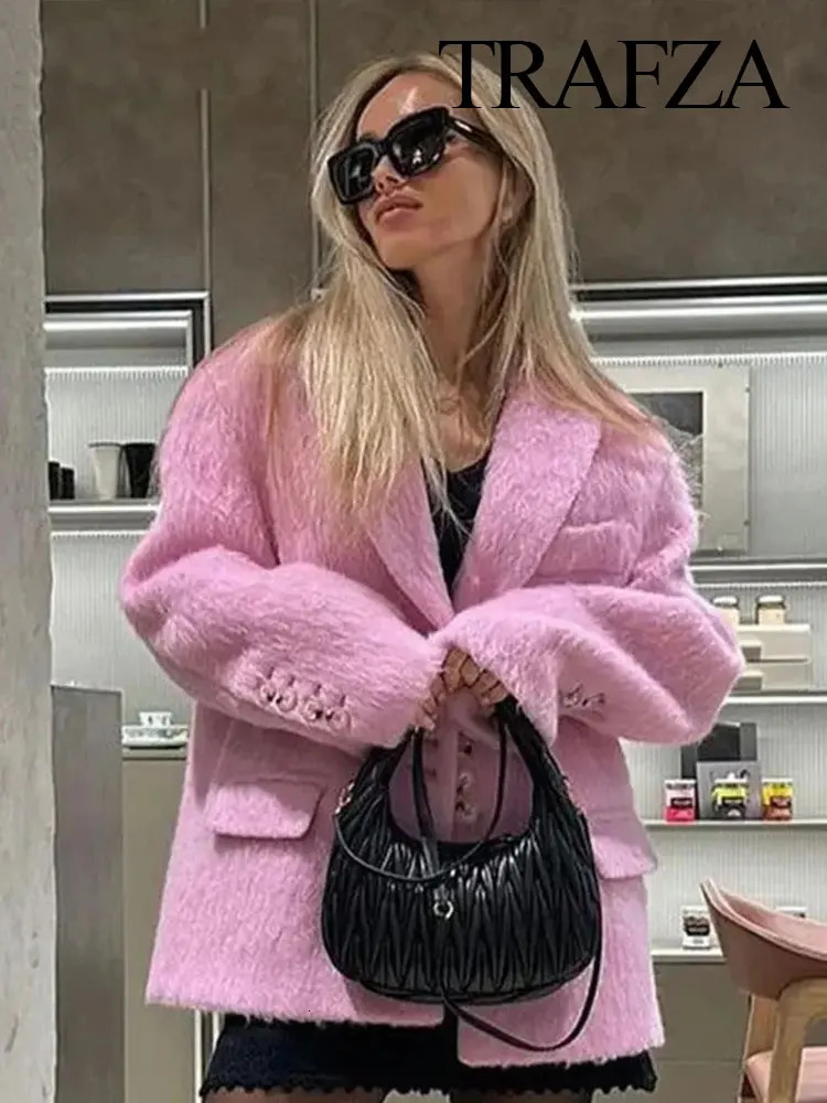 TRAFZA Women Fashion Plush Blazer Elegant Solid Y2k Women Long Sleeve Single Breasted Suit Coat Spring Female Casual Jackets 250811