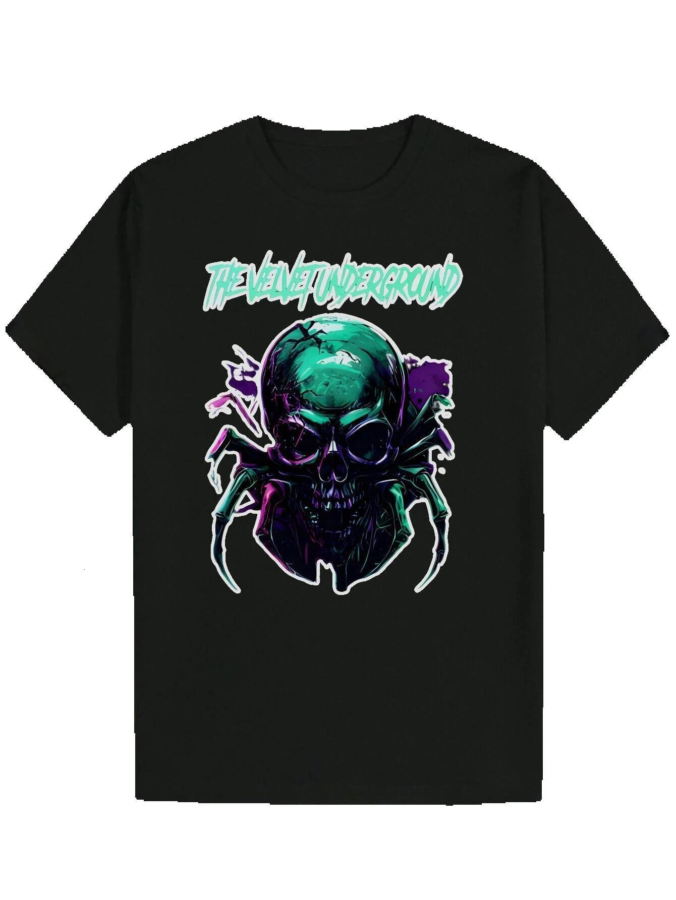 Men's Printed Casual - Black Summer Round Neck T-Shirt, Skull and Spider Web Design, Bright Neon Colors, 100% Polyester, Machine Washable, Everyd