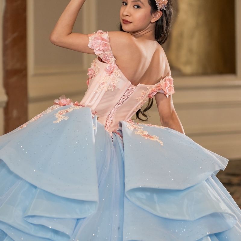 Sky Blue Shiny Quinceanera Dresses Off The Shoulder Applique Flower Beading Tull Party Birthday Ball Gown Vestidos De 15 Anos Sweet 16 Dress