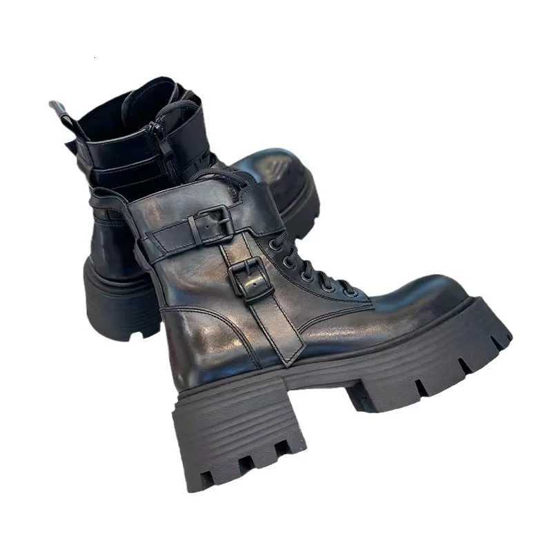 Fashionable Black Versatile Retro High-Top Thick-Soled Martin Boots for Womens Summer Height-Enhancing Buckle W250811
