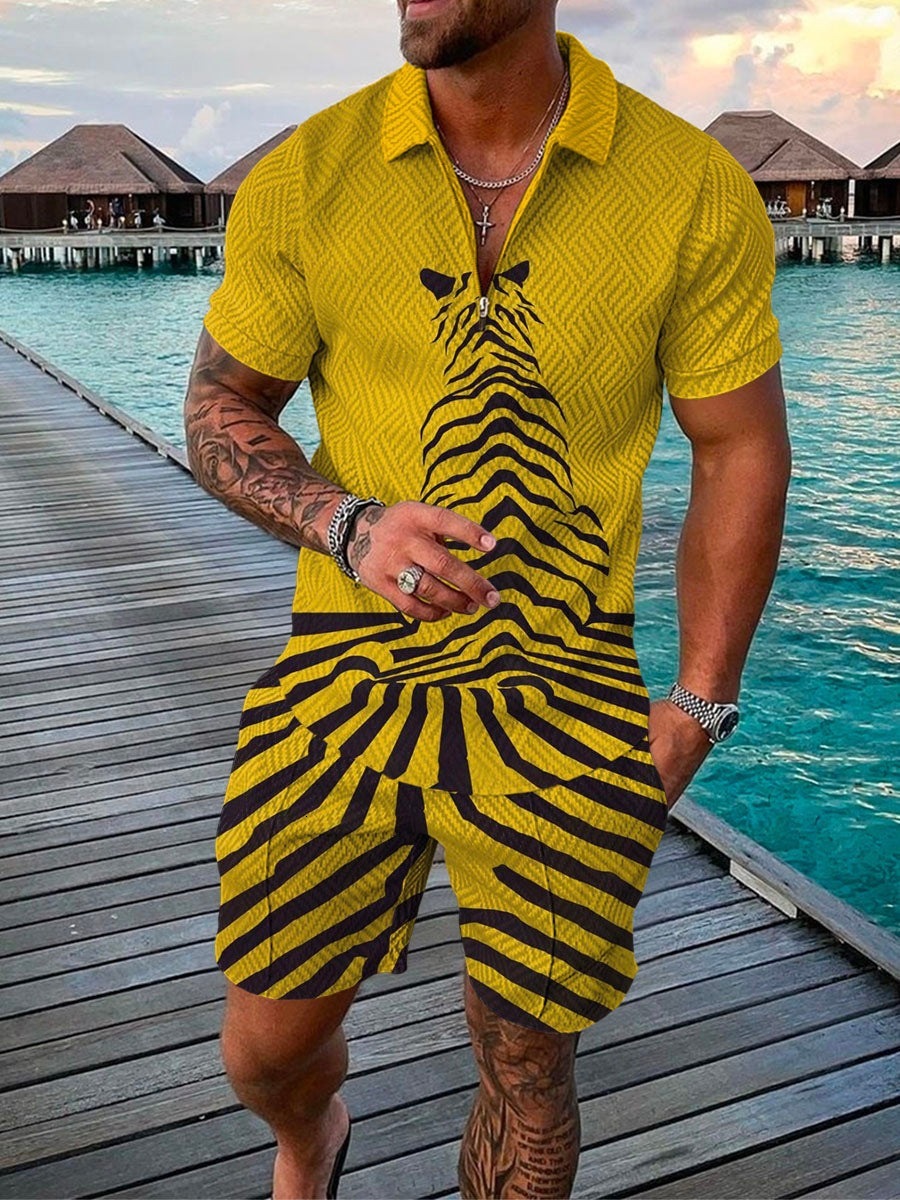 2025 New fashion Casual Suit 3D Digital Printing Zipper Short Sleeve Men's Shorts