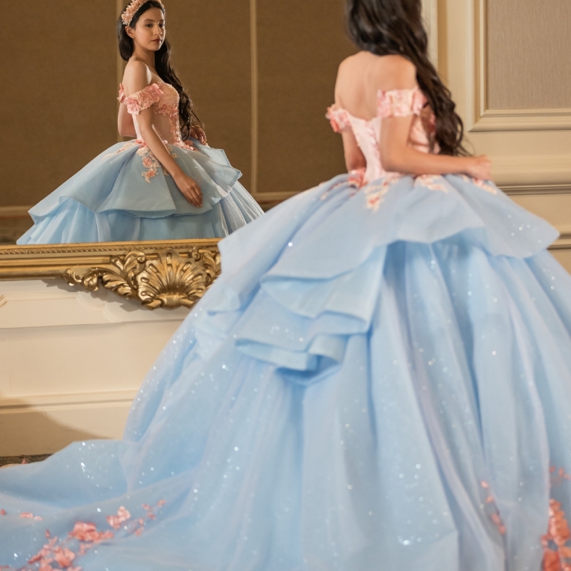 Sky Blue Shiny Quinceanera Dresses Off The Shoulder Applique Flower Beading Tull Party Birthday Ball Gown Vestidos De 15 Anos Sweet 16 Dress