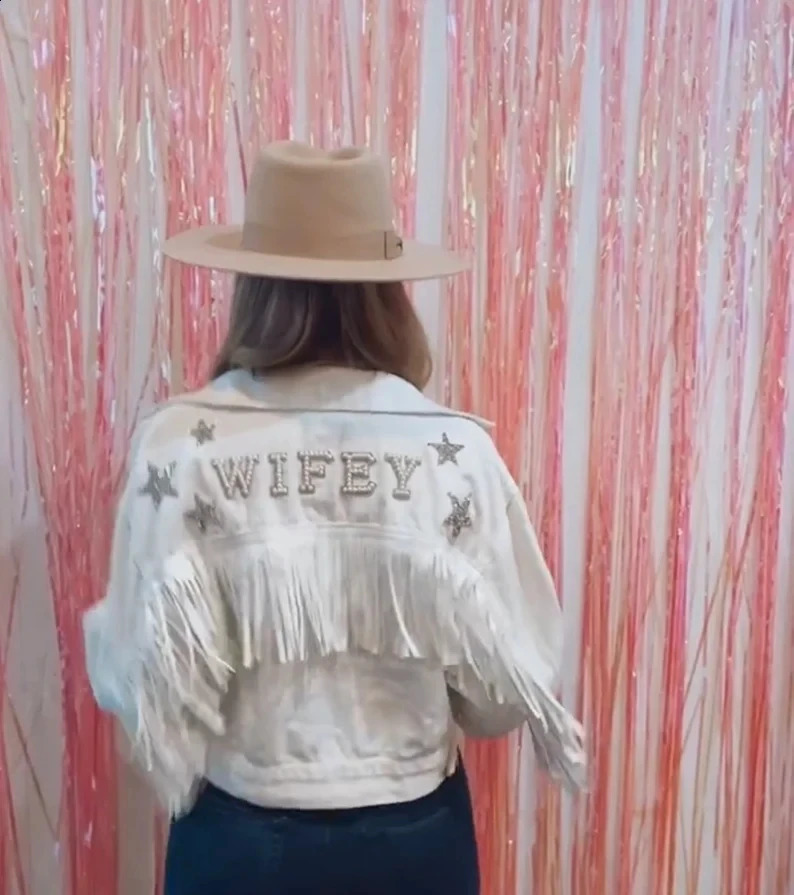 Denim Jacket With Stars White Fringe Pearl Rhinestone Personalized Bride Jacket Custom Mrs.Jean Wifey Denim Wedding Coats Tops 250804