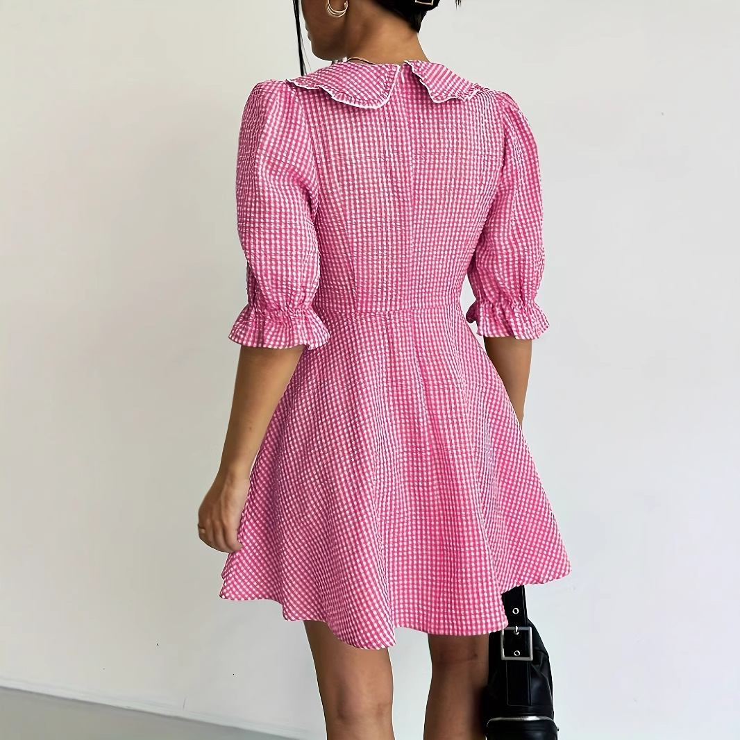 2025 Summer New Beauty Style trend Fashion Summer New Sweet and Spicy Temperament Checkered V-neck Bubble Sleeve Waist Dress New Designer